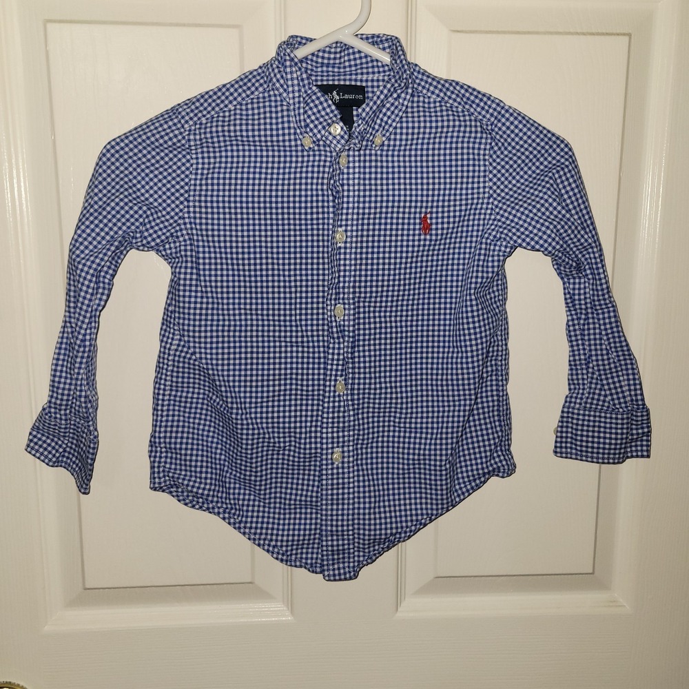 Polo Ralph Lauren Blue And White Gingham Long Sleeve Button Up Shirt Boys Sz 4